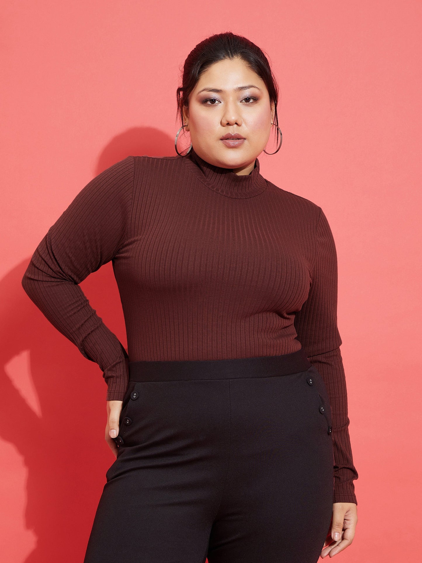 Brown Rib High Neck Top