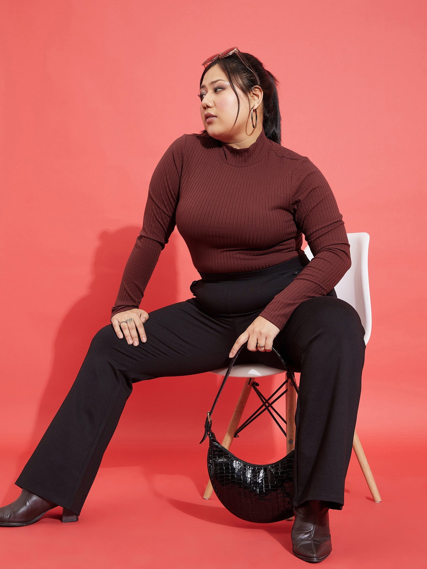 Brown Rib High Neck Top