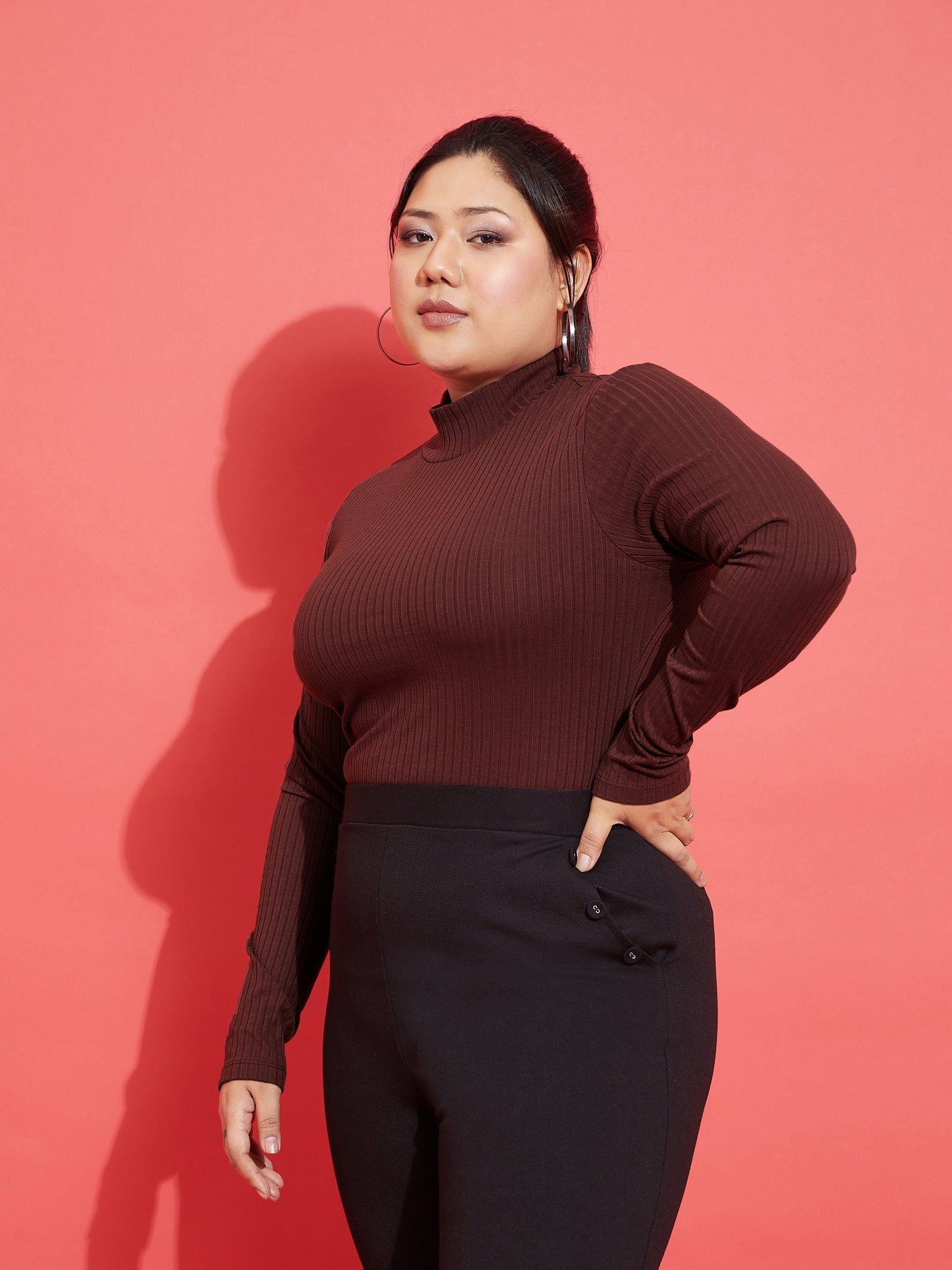 Brown Rib High Neck Top