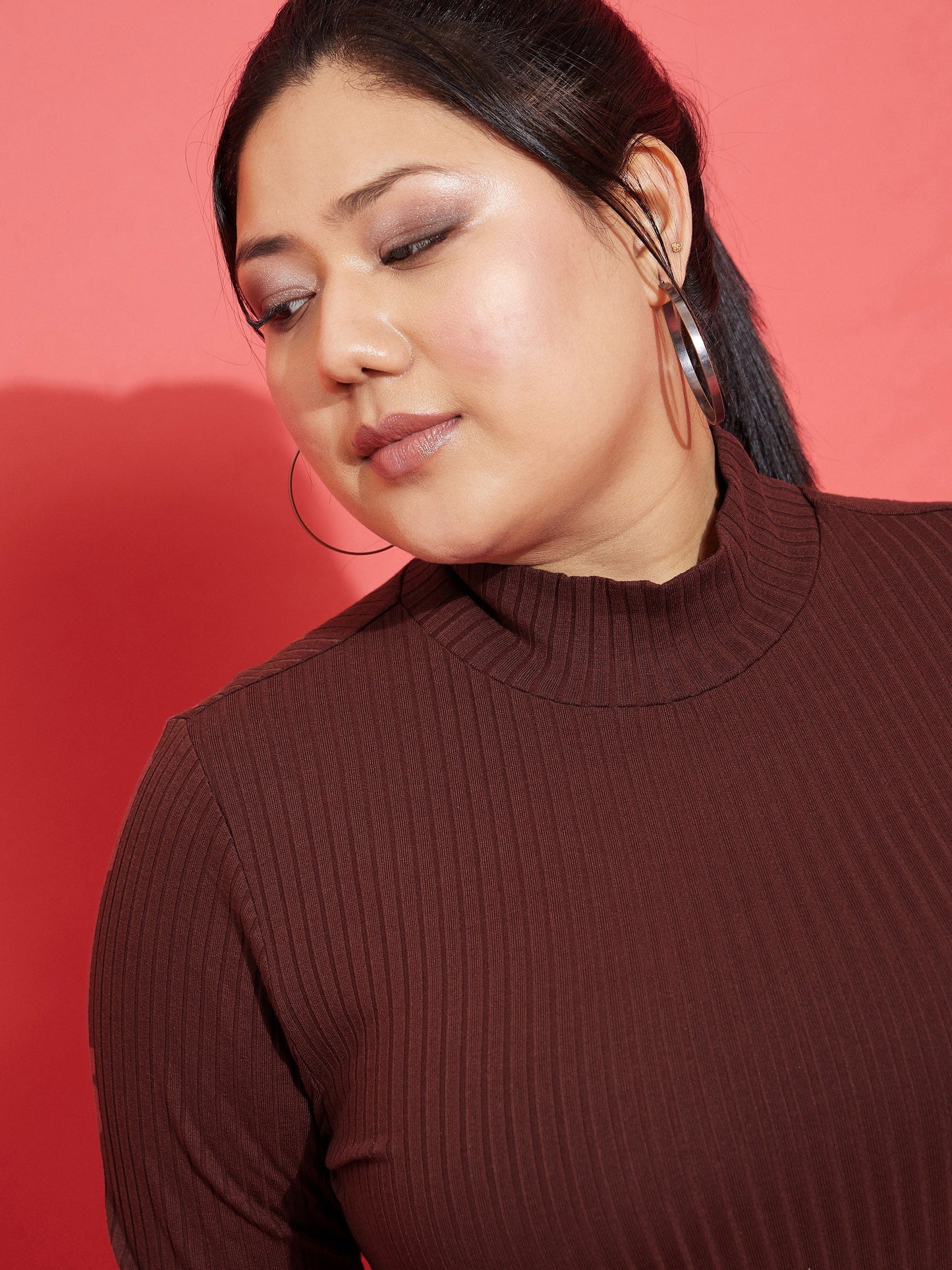 Brown Rib High Neck Top