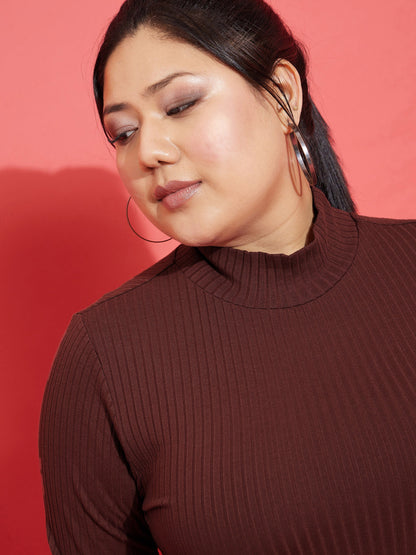 Brown Rib High Neck Top