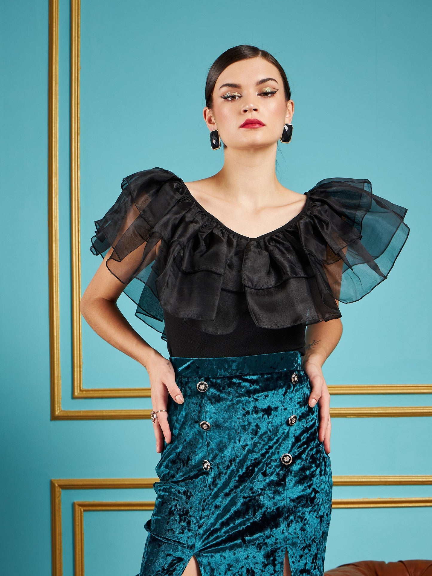 Black Frill Neck Top
