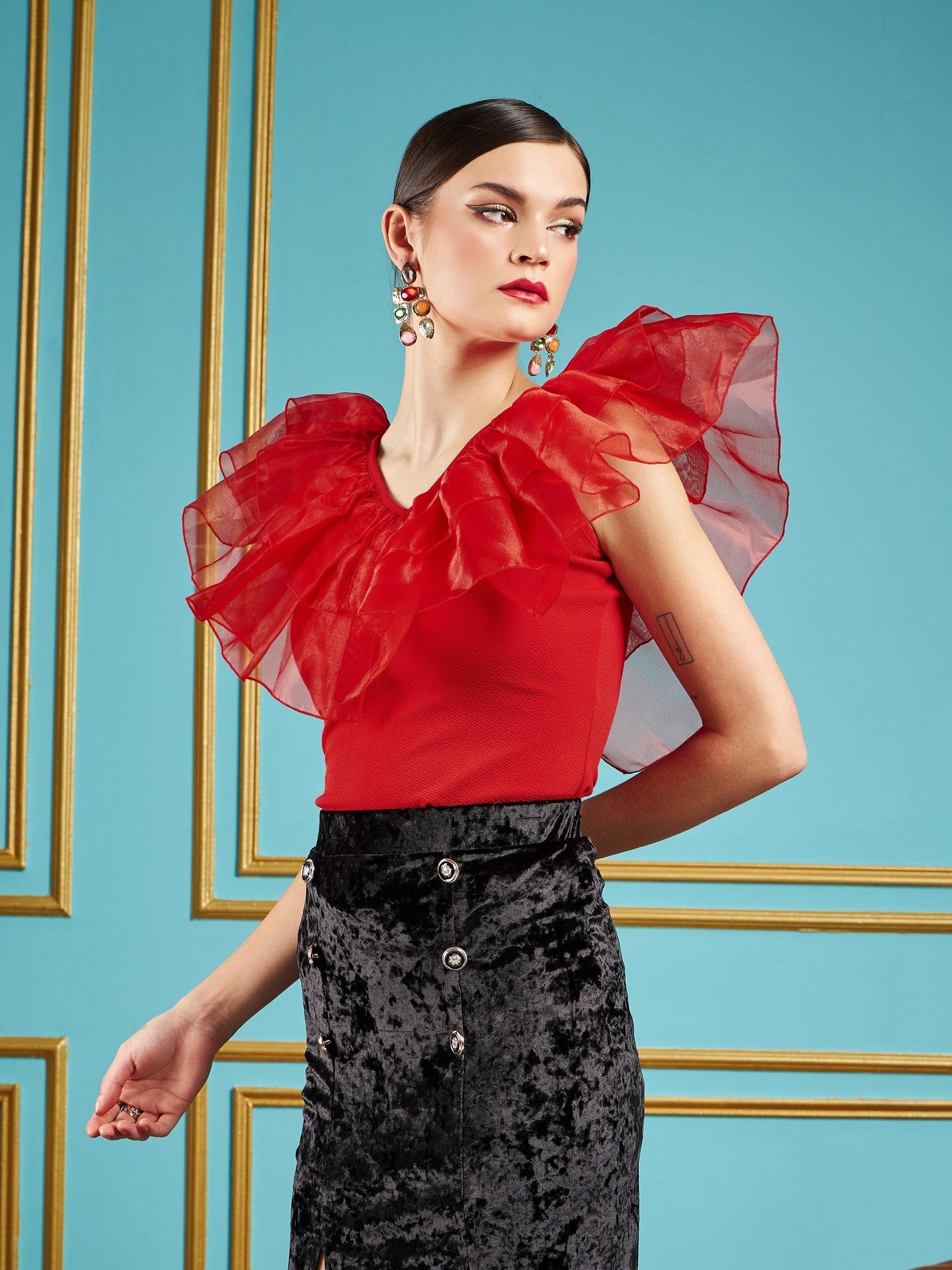 Red Frill Neck Top