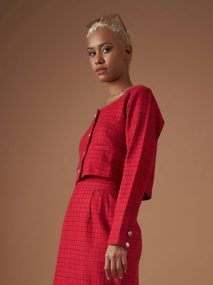 Women Red Check Jacquard Tweed Square Neck Top