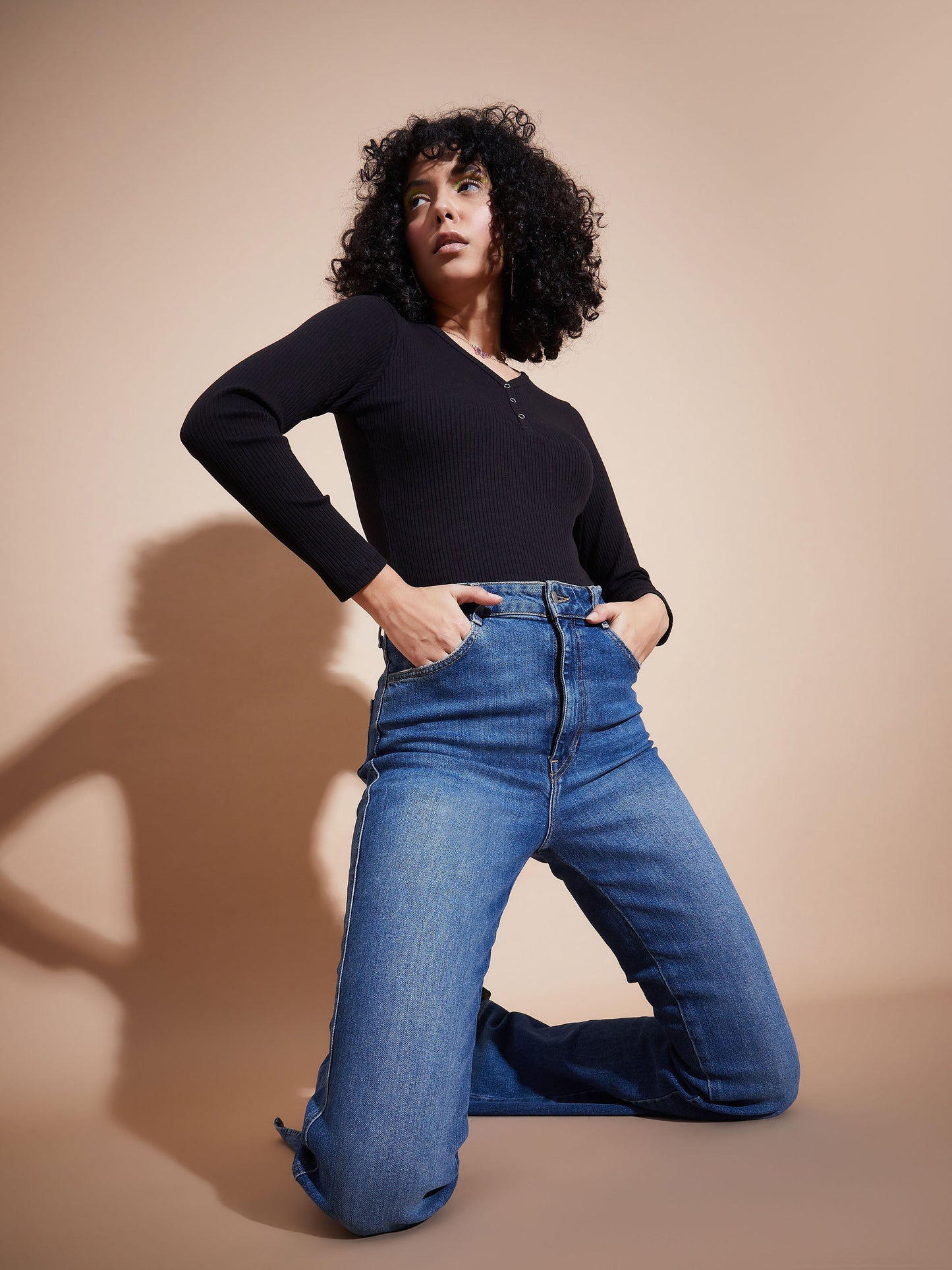 Women Black Rib V-Neck Regular Top