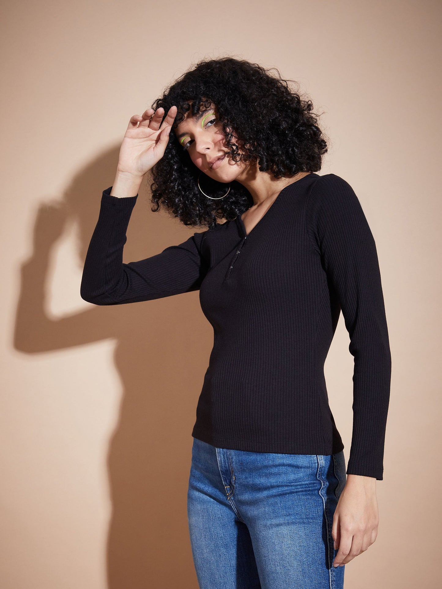Women Black Rib V-Neck Regular Top
