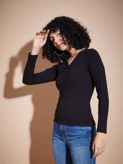 Women Black Rib V-Neck Regular Top