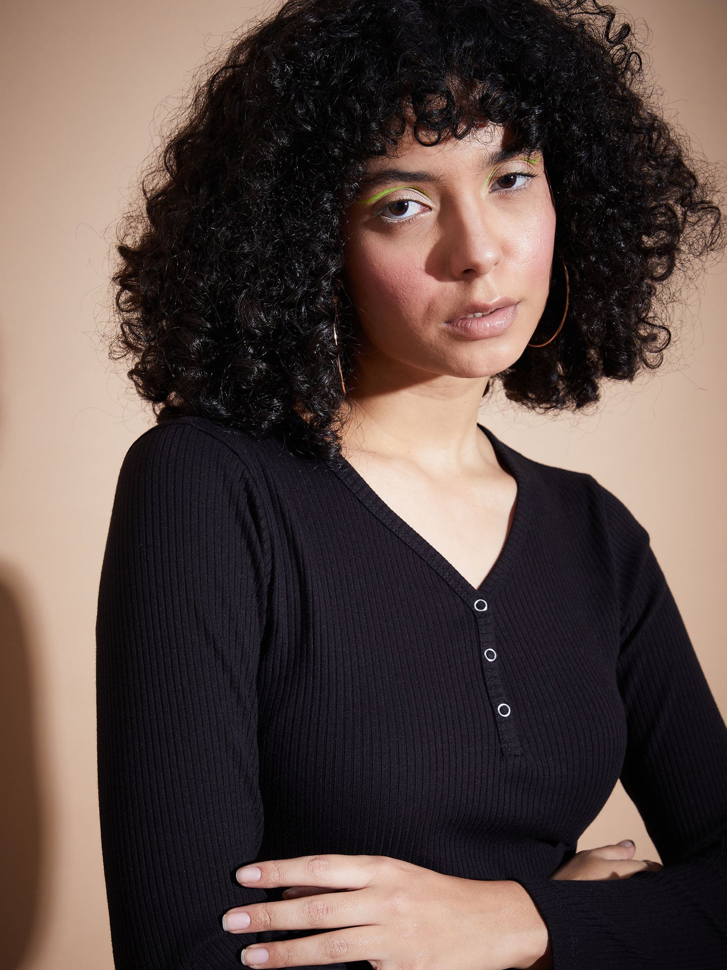 Women Black Rib V-Neck Regular Top