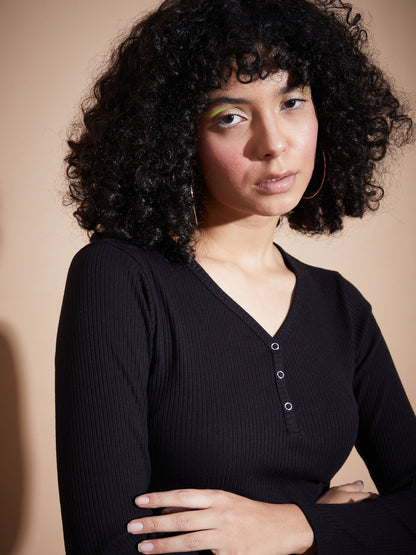 Women Black Rib V-Neck Regular Top