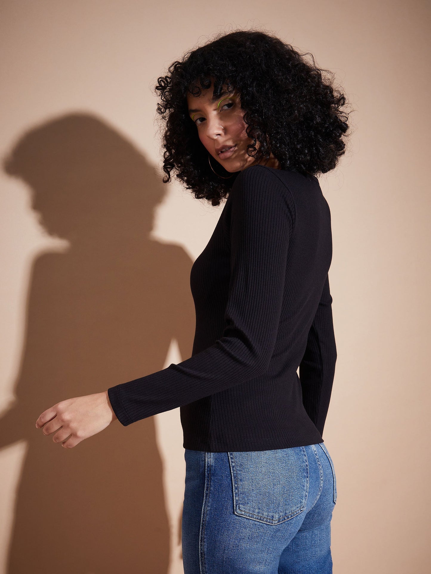 Women Black Rib V-Neck Regular Top