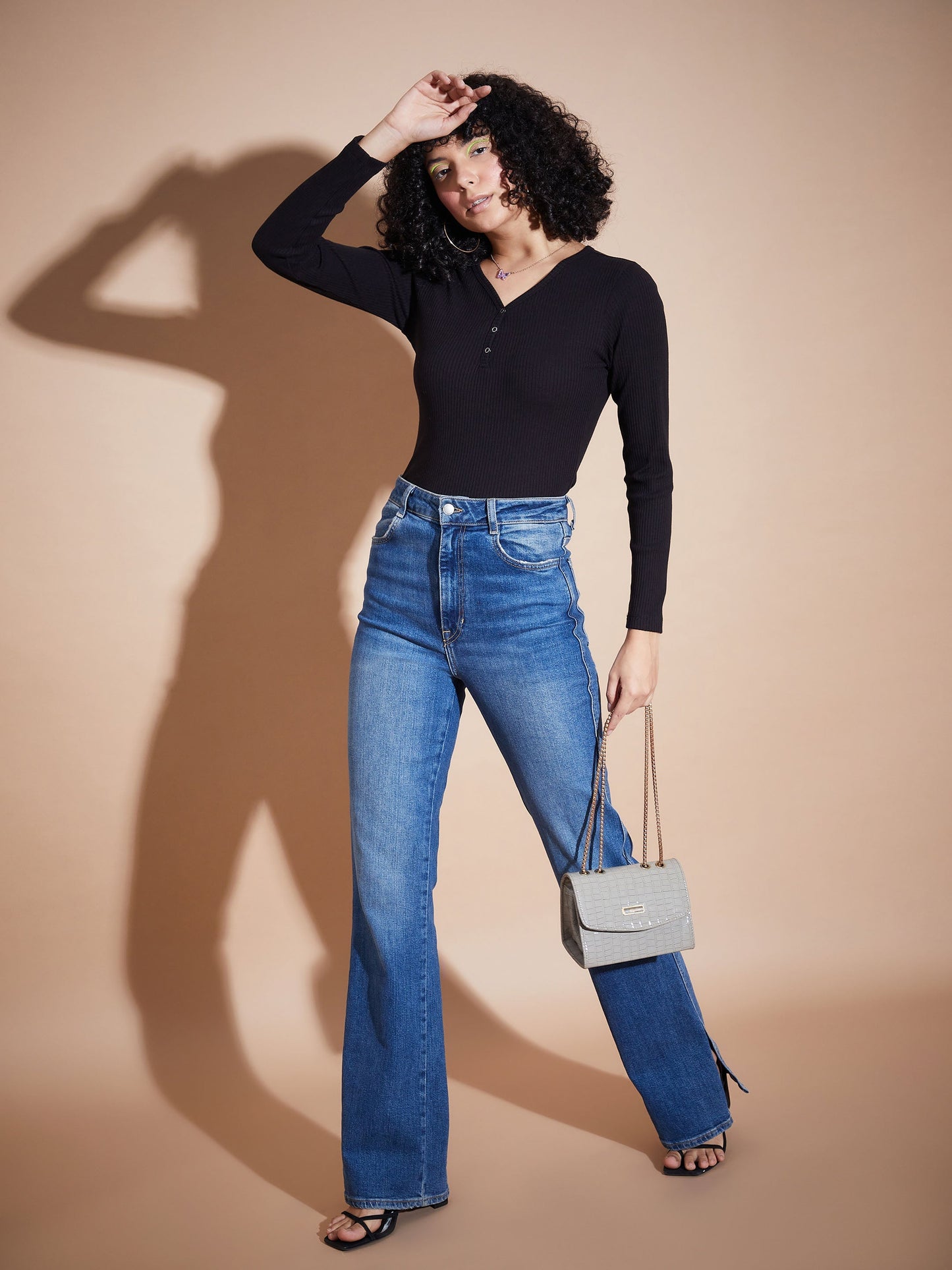 Women Black Rib V-Neck Regular Top