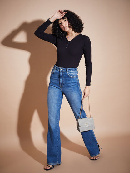 Women Black Rib V-Neck Regular Top