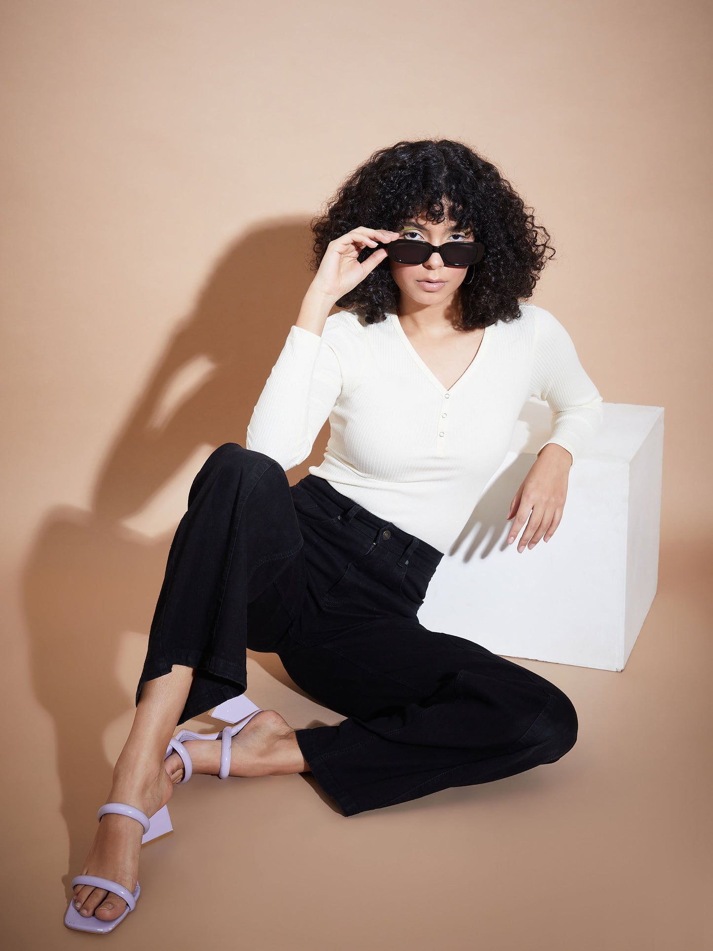 Women Off White Rib V-Neck Regular Top