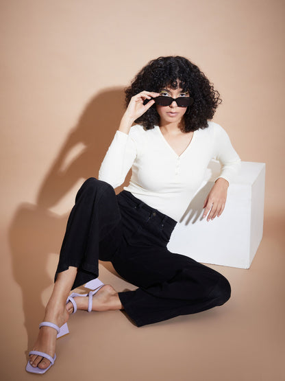 Women Off White Rib V-Neck Regular Top