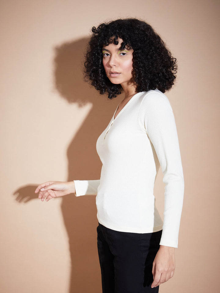 Women Off White Rib V-Neck Regular Top