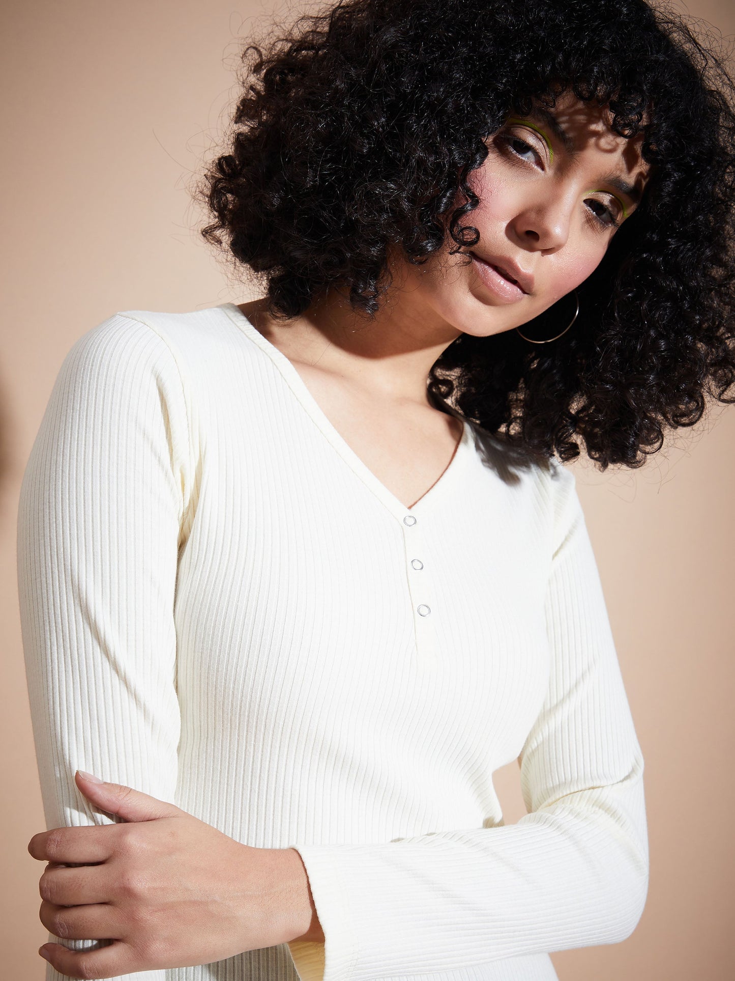 Women Off White Rib V-Neck Regular Top