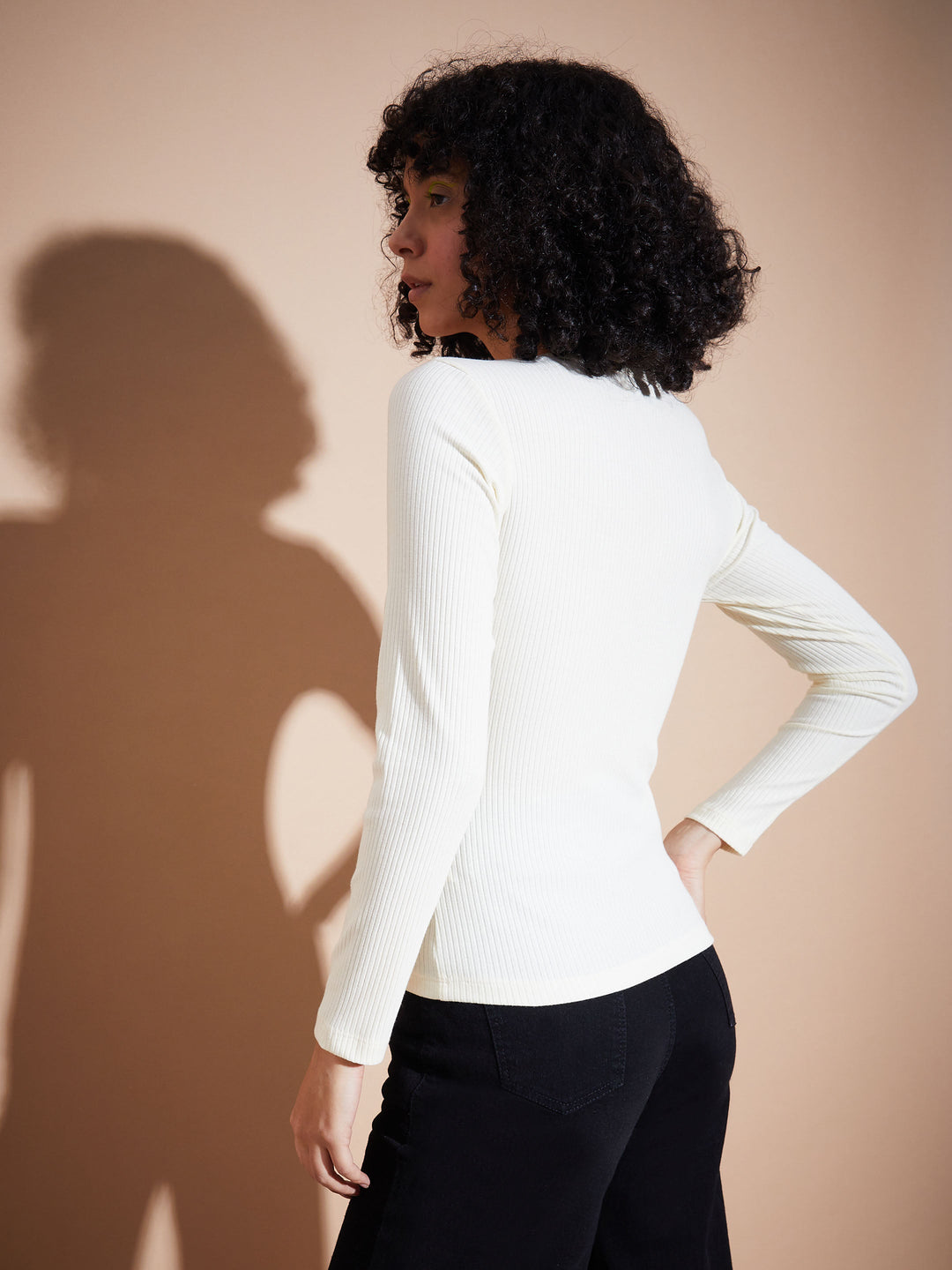 Women Off White Rib V-Neck Regular Top