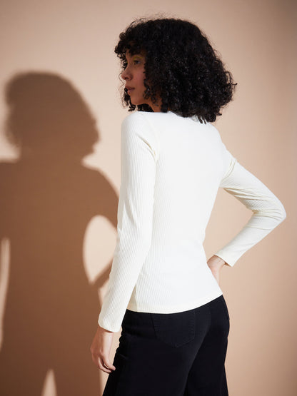 Women Off White Rib V-Neck Regular Top