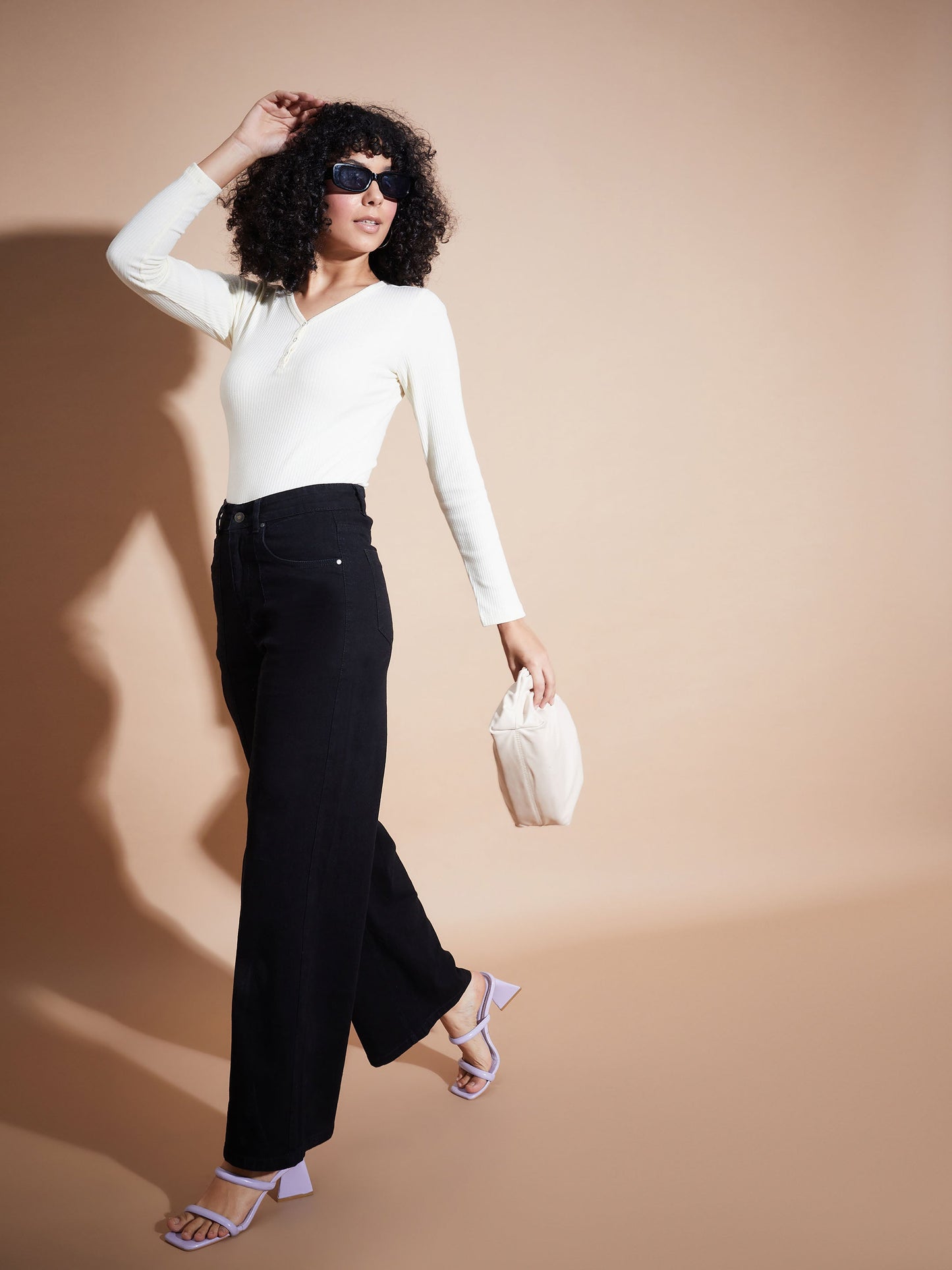 Women Off White Rib V-Neck Regular Top