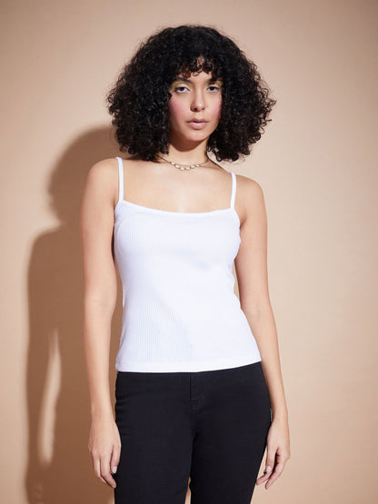 White Rib Square Neck Strappy Top