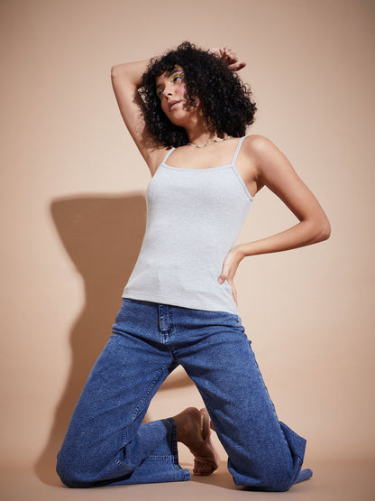 Melange Grey Rib Square Neck Strappy Top
