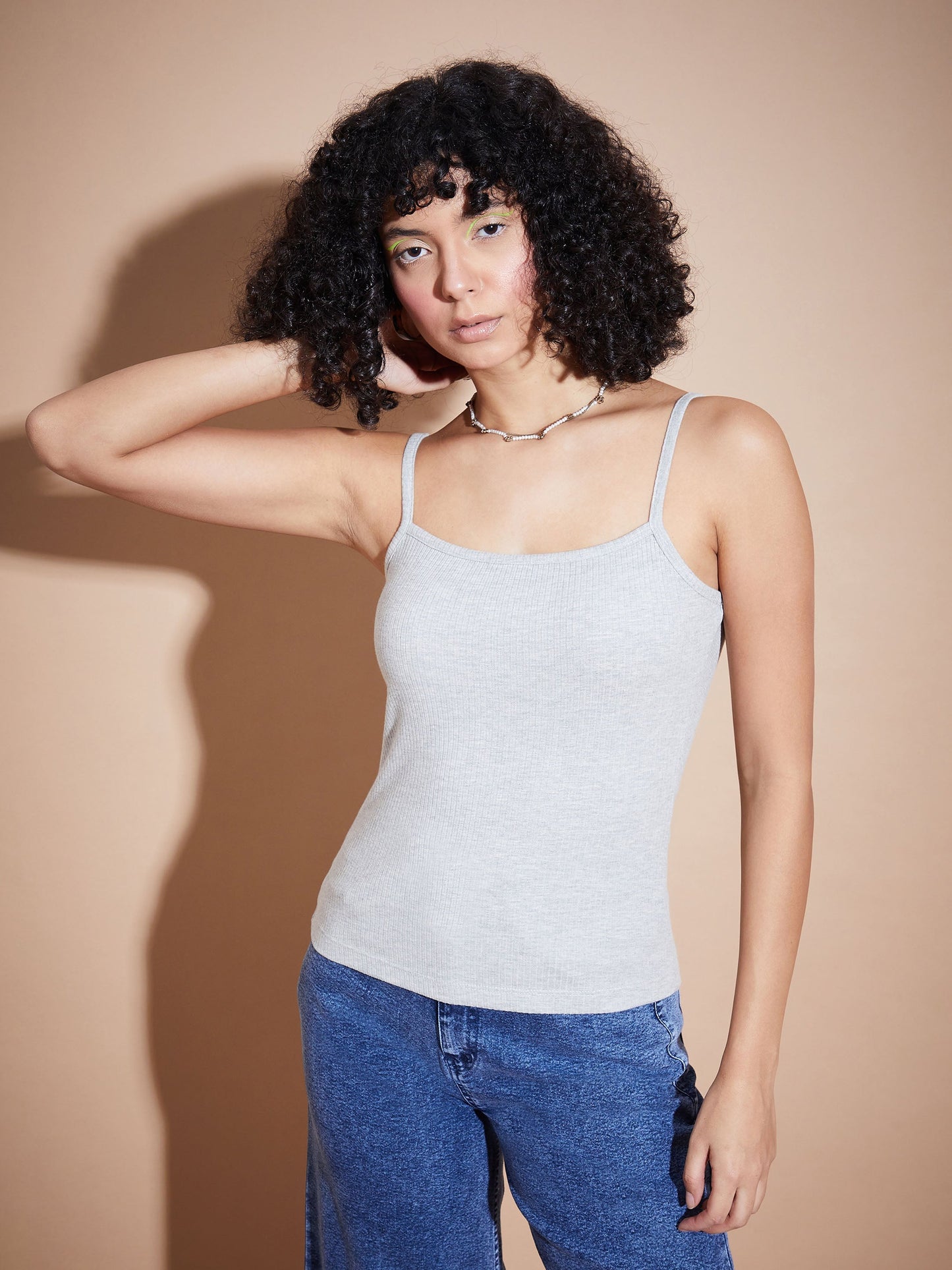 Melange Grey Rib Square Neck Strappy Top
