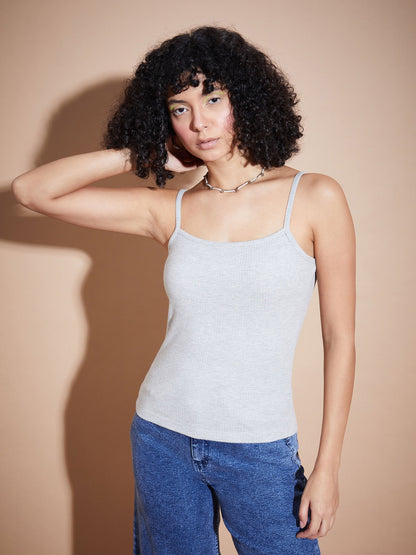 Melange Grey Rib Square Neck Strappy Top