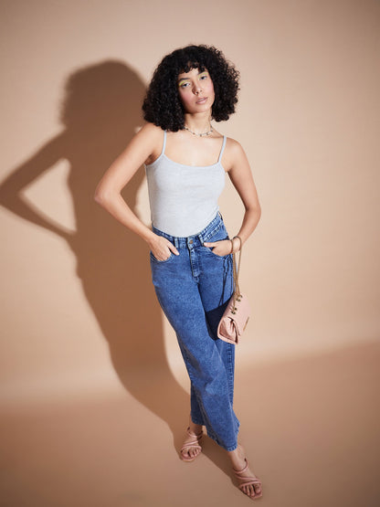 Melange Grey Rib Square Neck Strappy Top