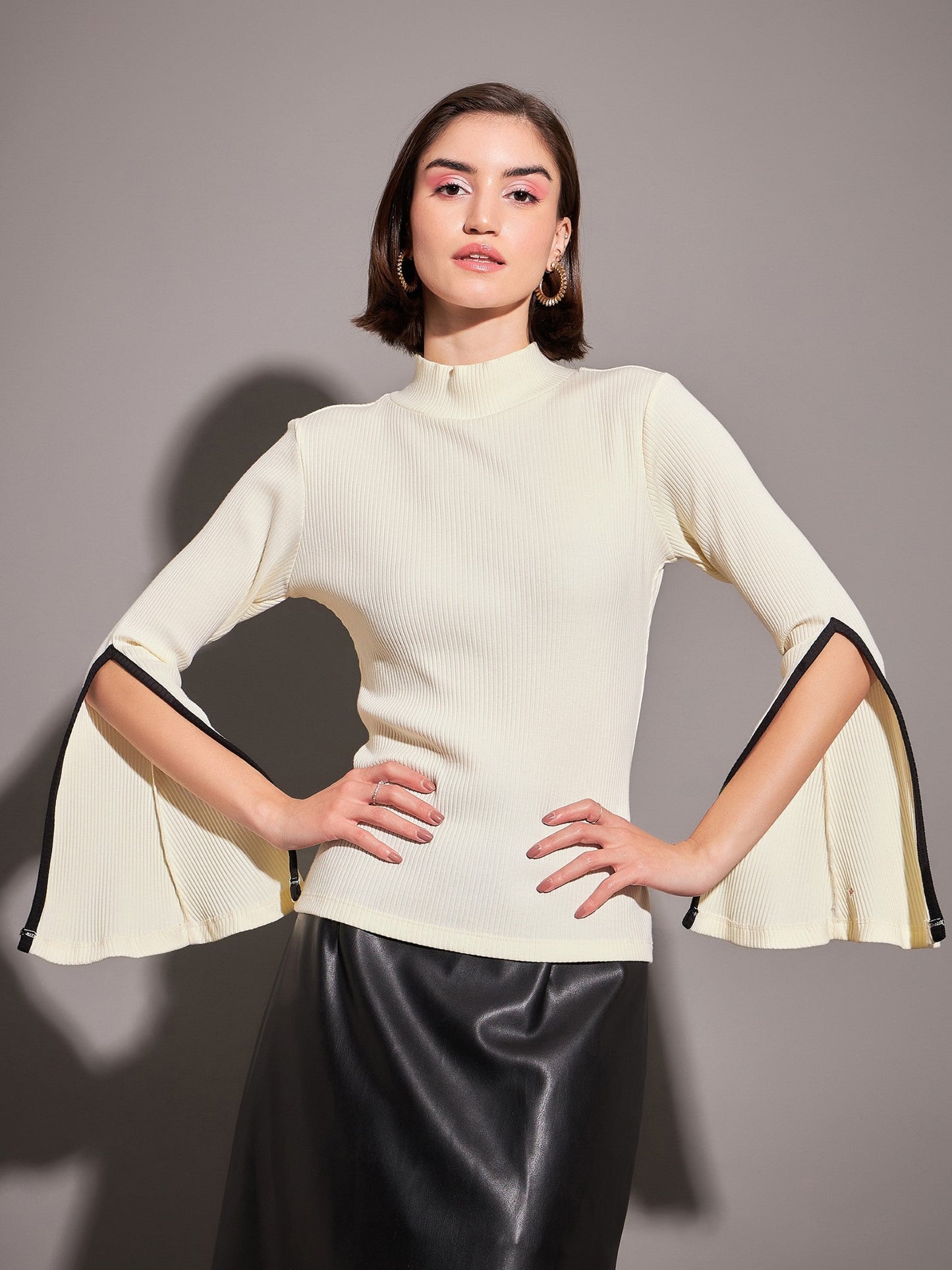Off-White Rib High Neck Bell Sleeves Top