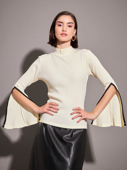 Off-White Rib High Neck Bell Sleeves Top