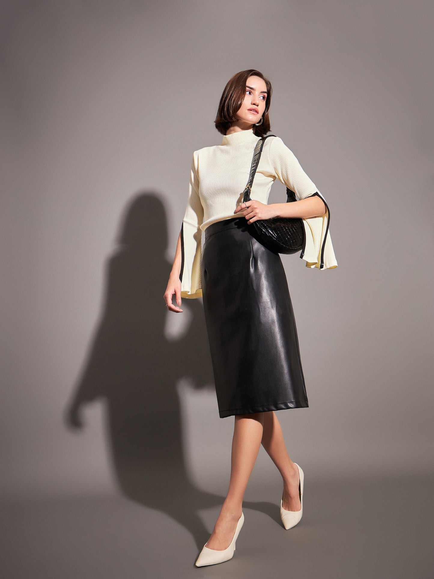 Off-White Rib High Neck Bell Sleeves Top