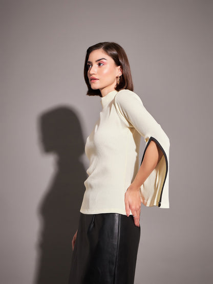 Off-White Rib High Neck Bell Sleeves Top