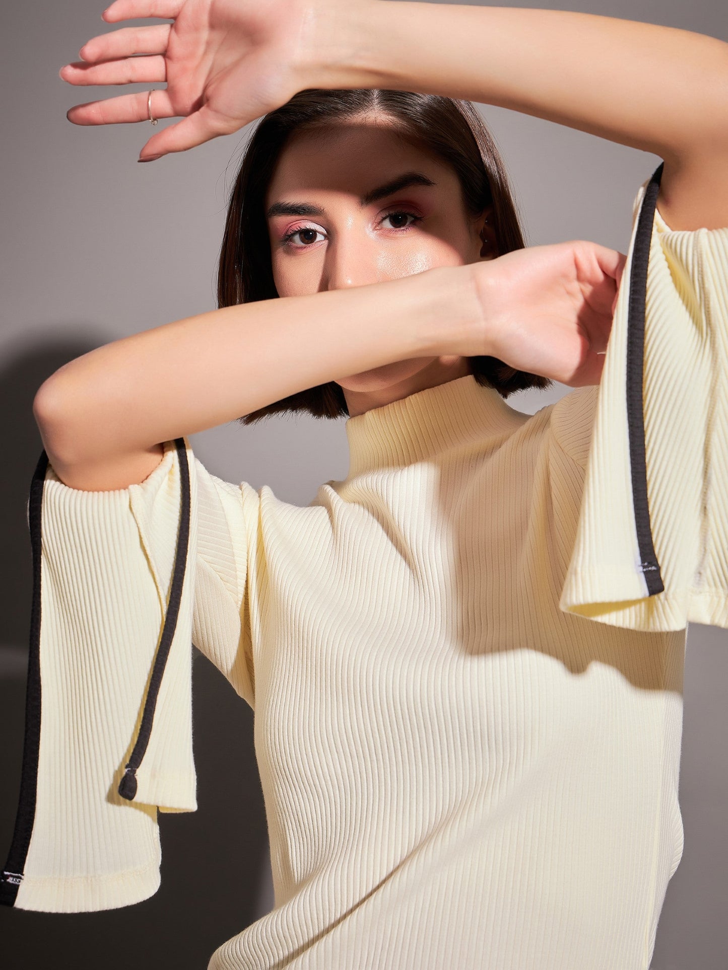 Off-White Rib High Neck Bell Sleeves Top