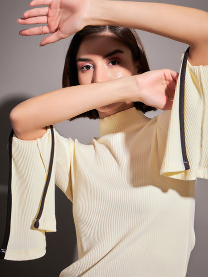 Off-White Rib High Neck Bell Sleeves Top