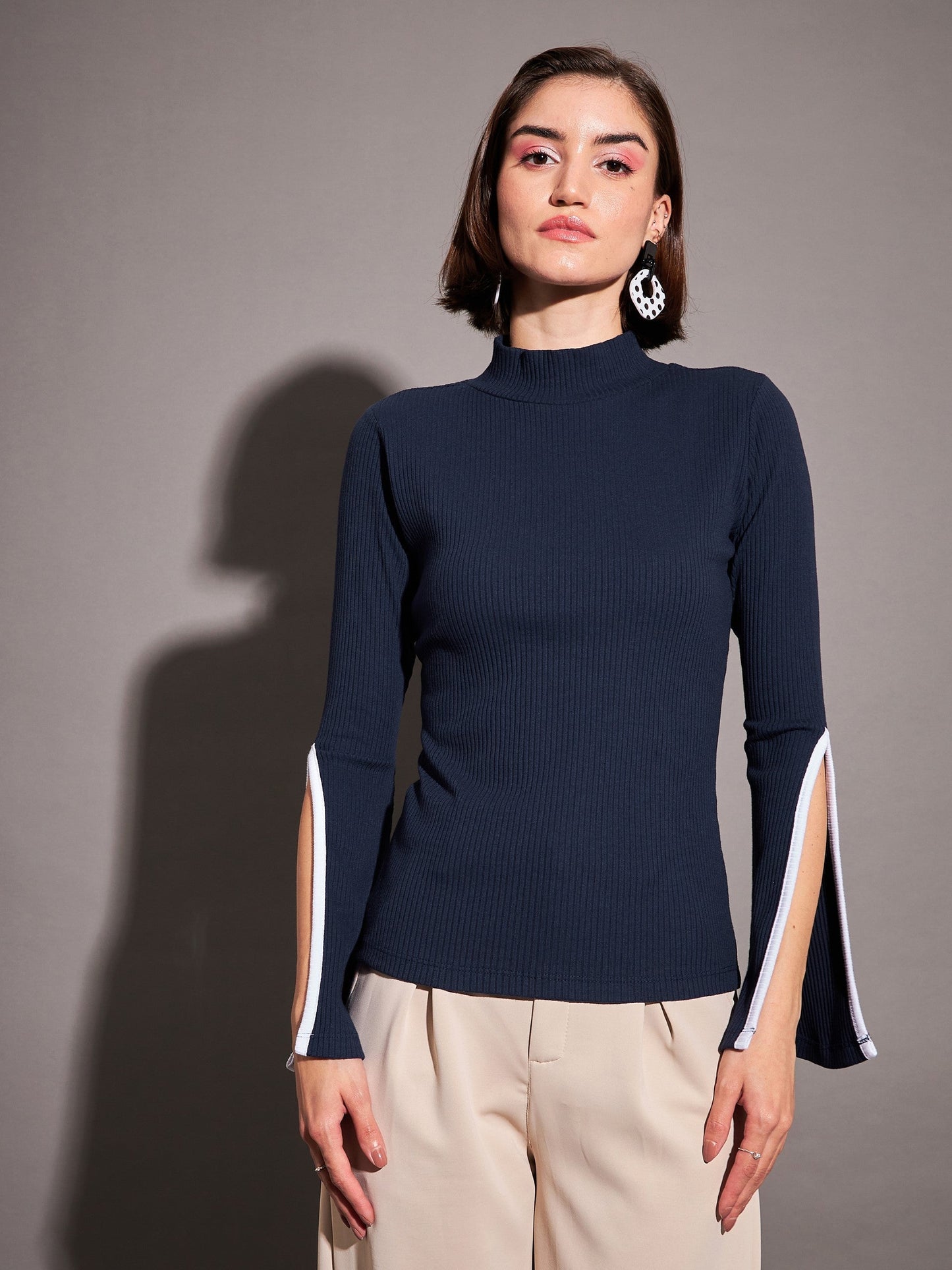Navy Rib High Neck Bell Sleeves Top