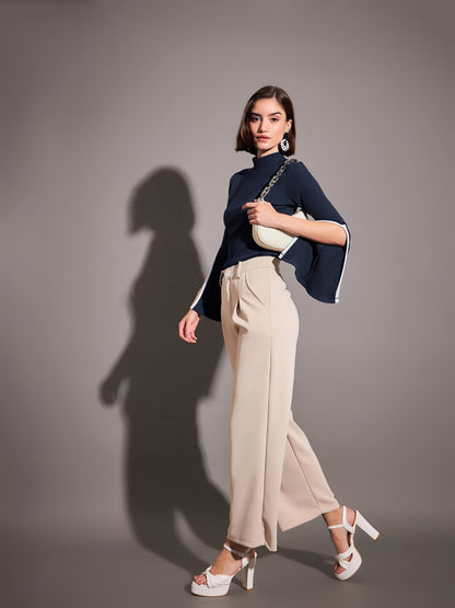 Navy Rib High Neck Bell Sleeves Top