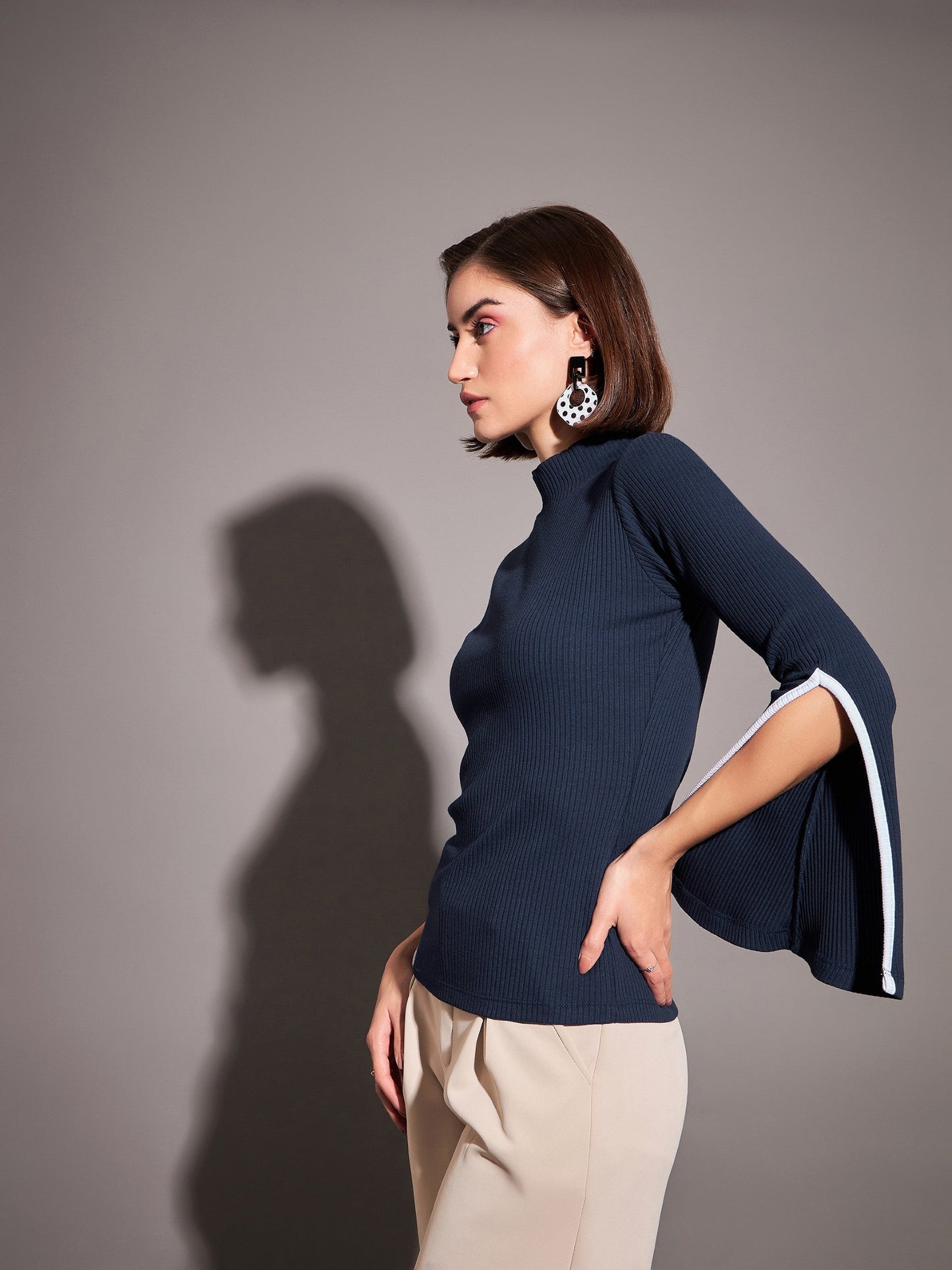 Navy Rib High Neck Bell Sleeves Top