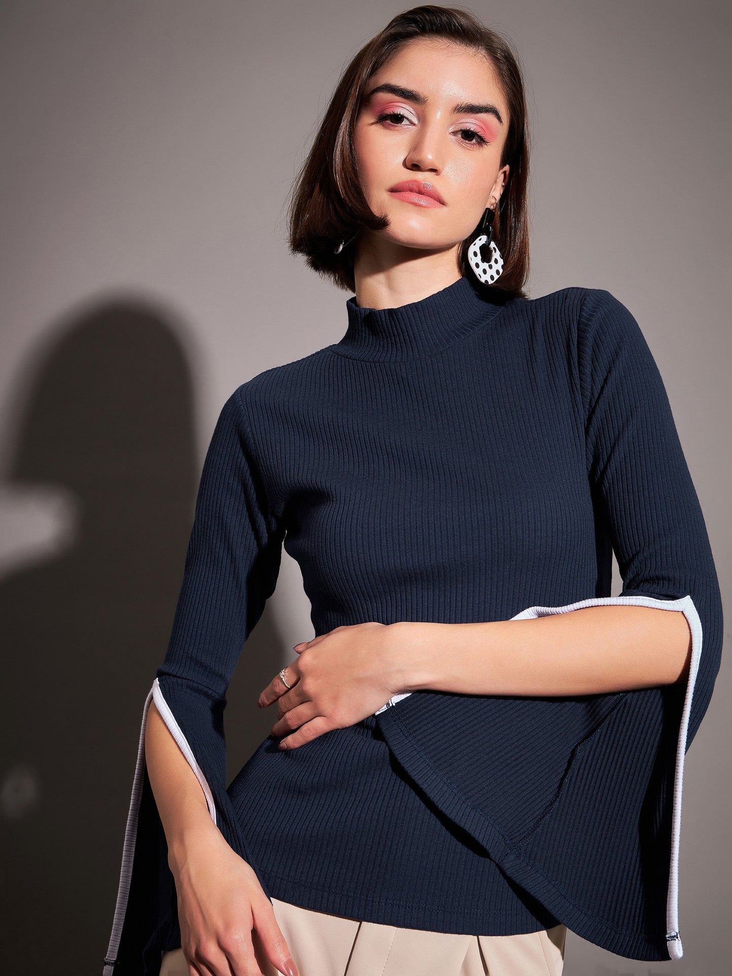 Navy Rib High Neck Bell Sleeves Top
