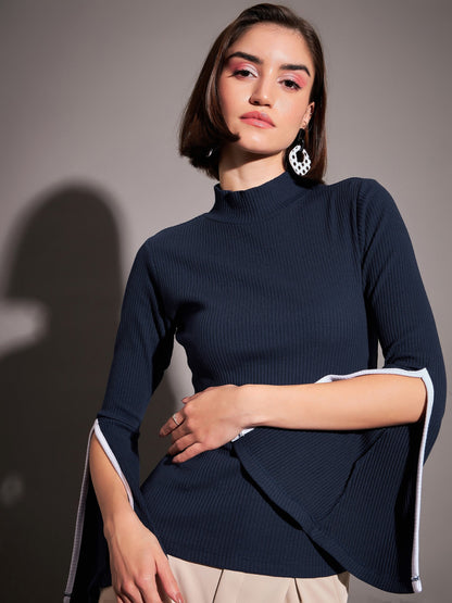 Navy Rib High Neck Bell Sleeves Top