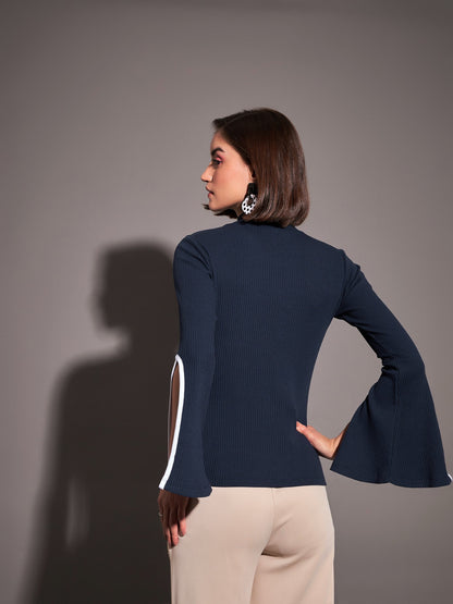 Navy Rib High Neck Bell Sleeves Top