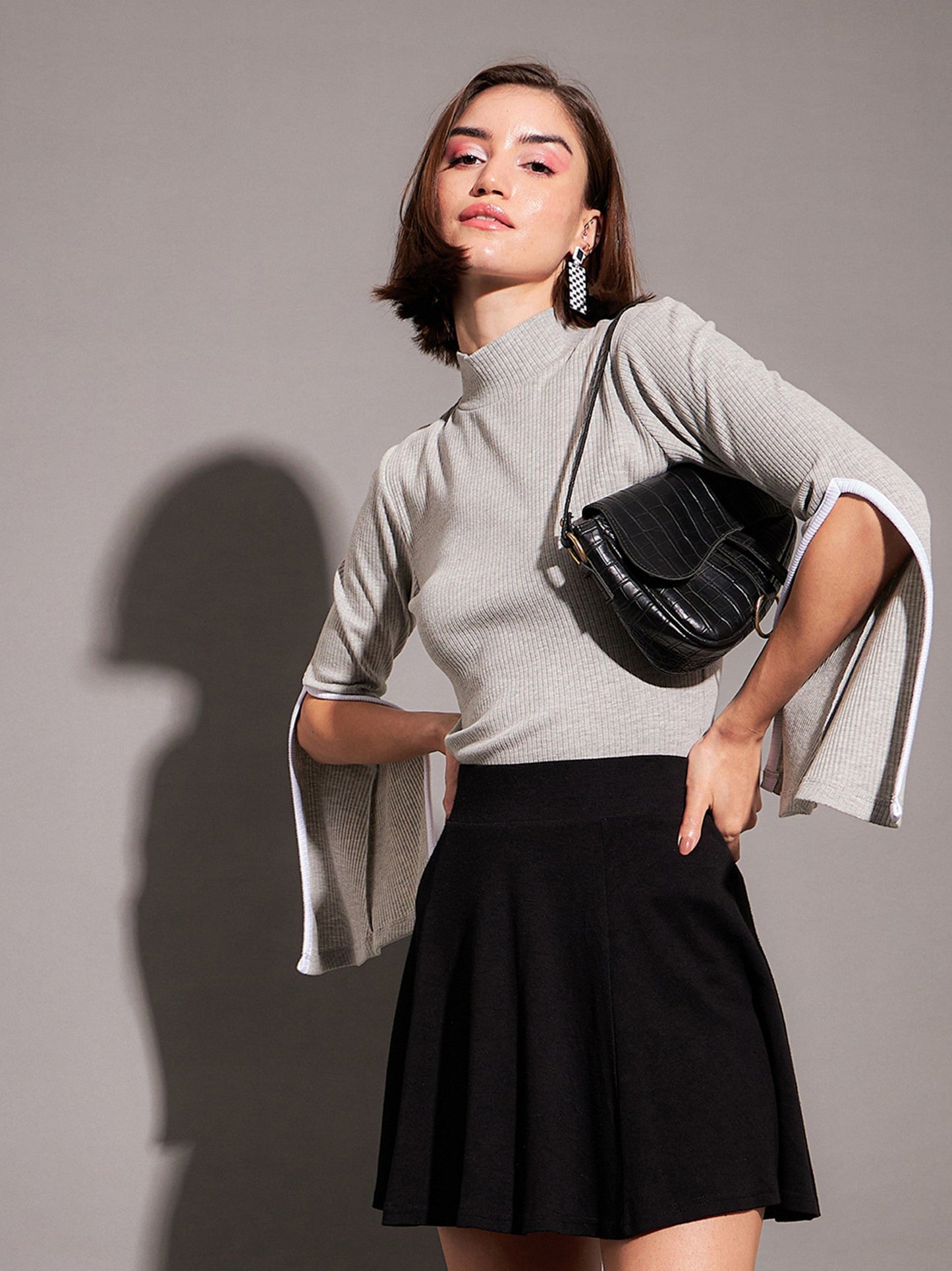 Grey Rib High Neck Bell Sleeves Top