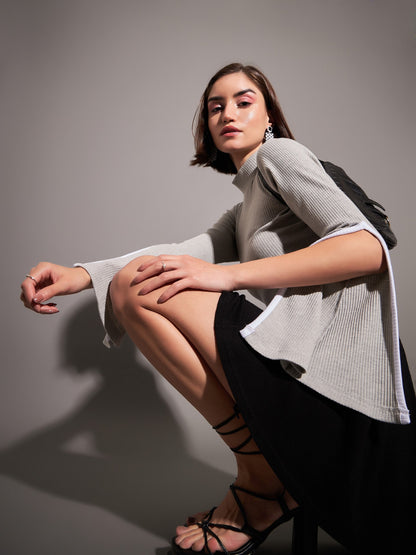 Grey Rib High Neck Bell Sleeves Top