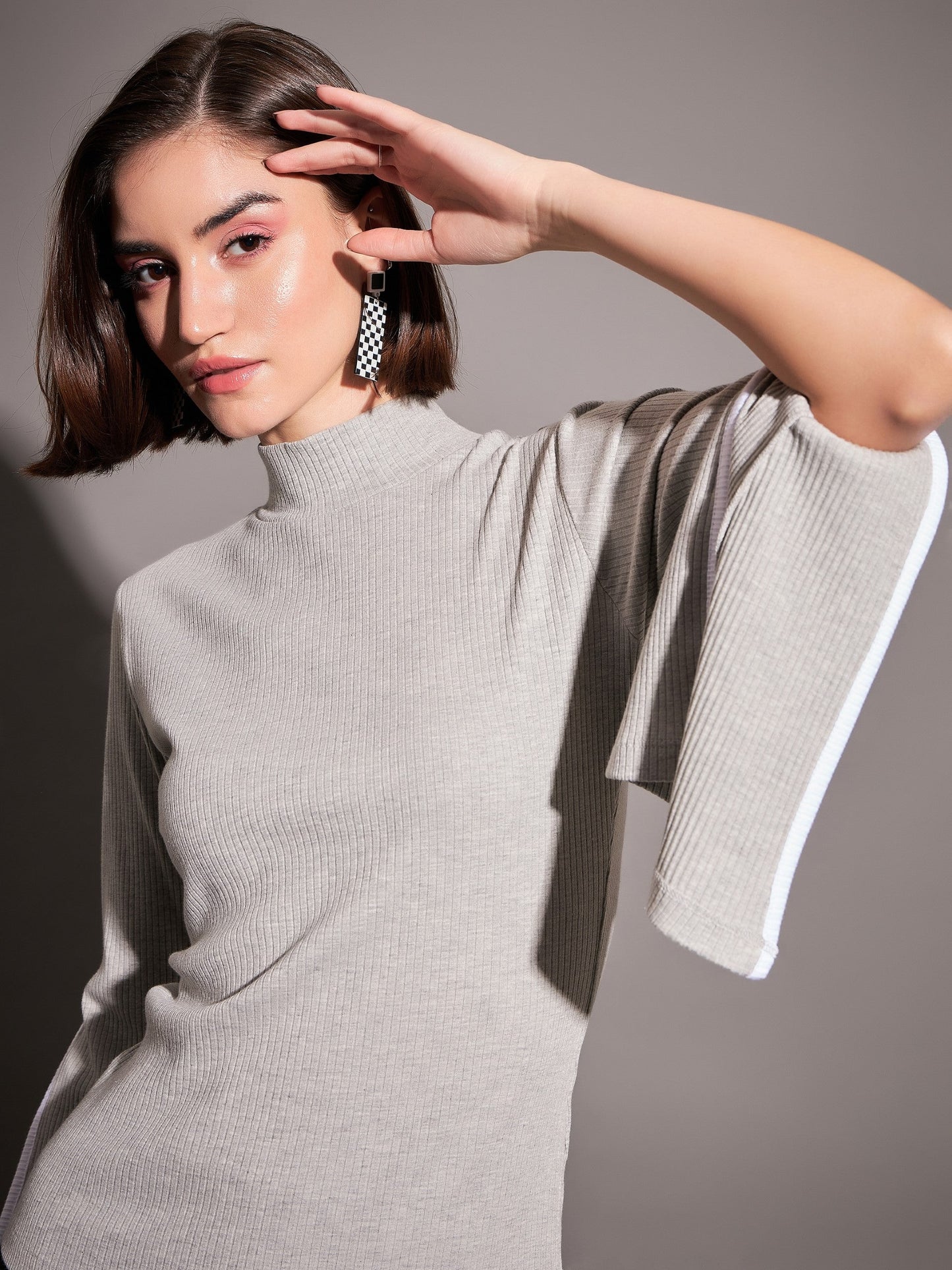 Grey Rib High Neck Bell Sleeves Top