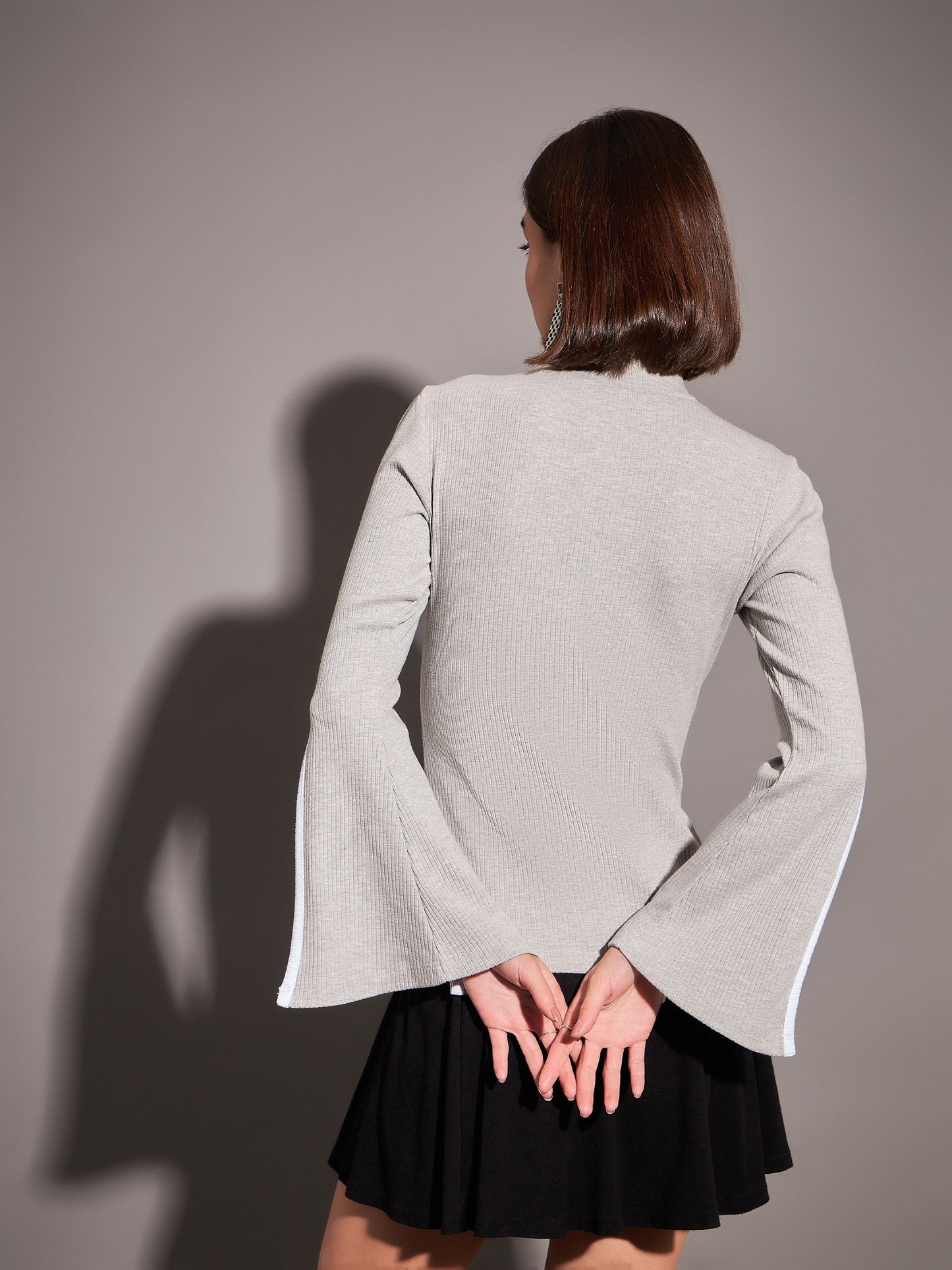 Grey Rib High Neck Bell Sleeves Top