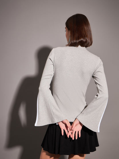 Grey Rib High Neck Bell Sleeves Top