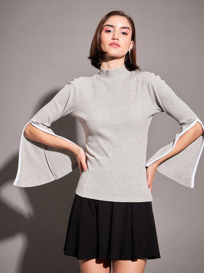 Grey Rib High Neck Bell Sleeves Top