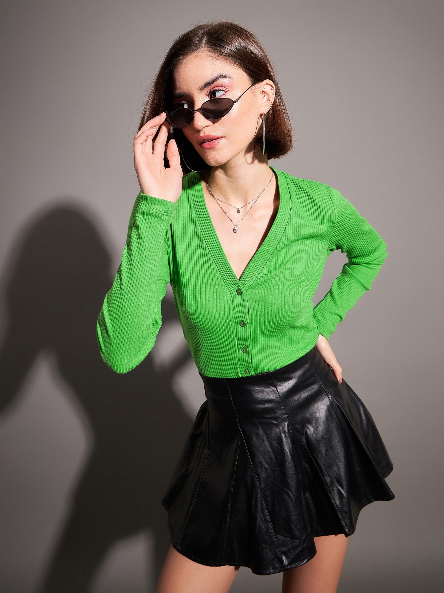 Green Rib Front Open Cardigan Top