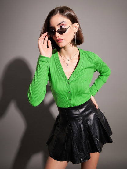 Green Rib Front Open Cardigan Top