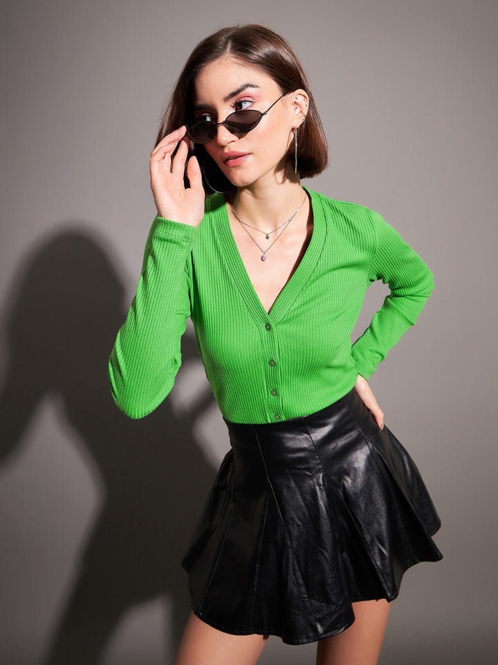 Green Rib Front Open Cardigan Top