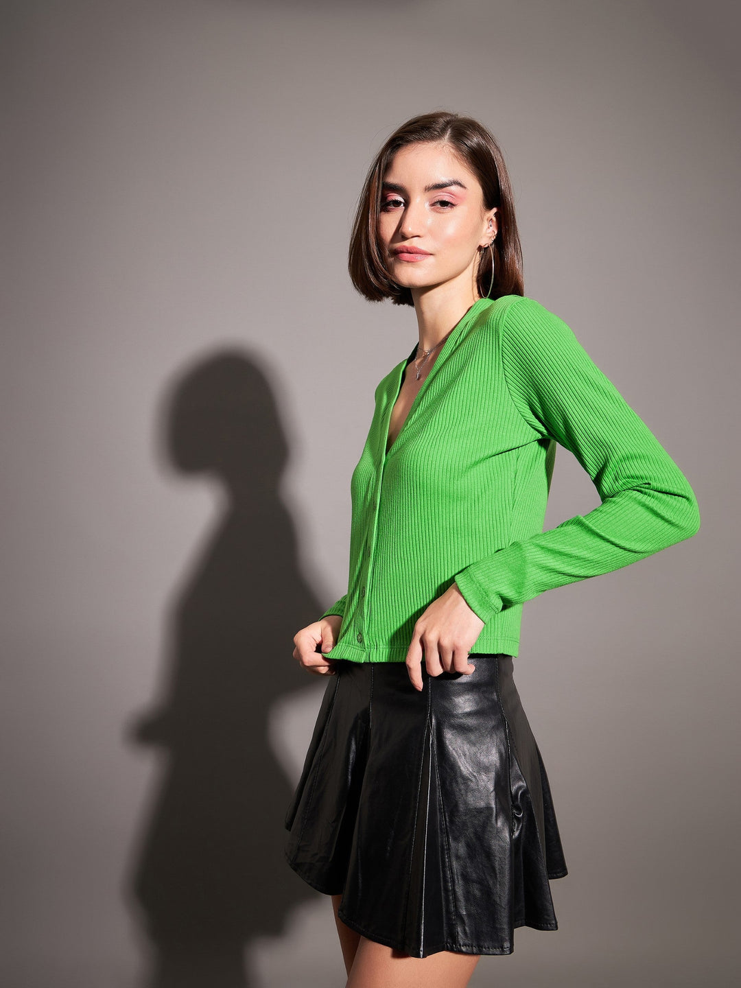 Green Rib Front Open Cardigan Top